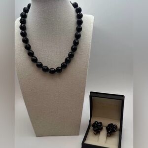 Hattie Carnegie Black Faceted Stone Bead Necklace & Matching Clip Earrings Vtg